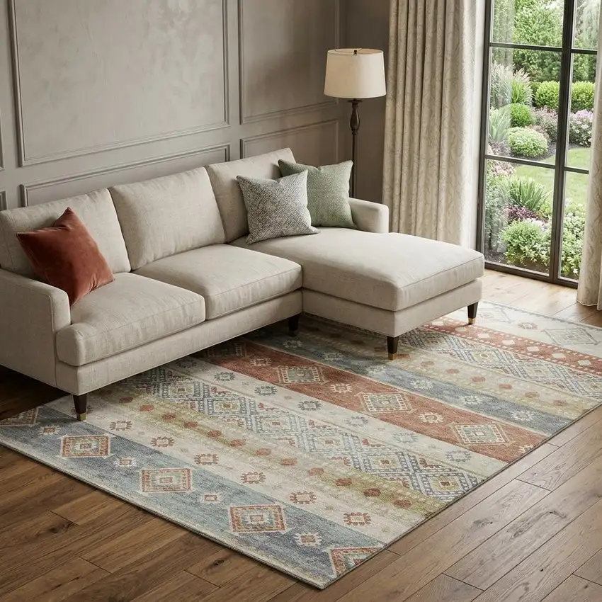 Desert Sand Rust And Ivory Tribal Washable Area Rug With UV Protection Photo 1