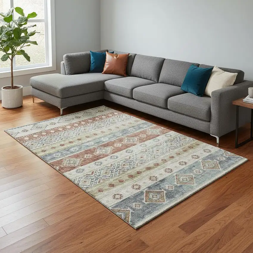 Desert Sand Rust And Ivory Tribal Washable Area Rug With UV Protection Photo 1