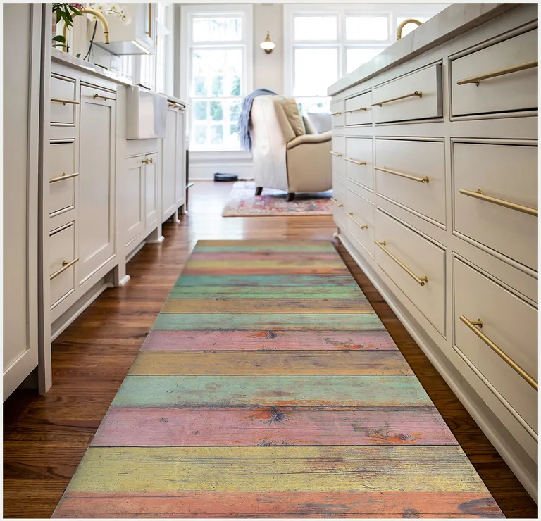 Distressed Aqua Green And Pink Printed Vinyl Area Rug With UV Protection Photo 5