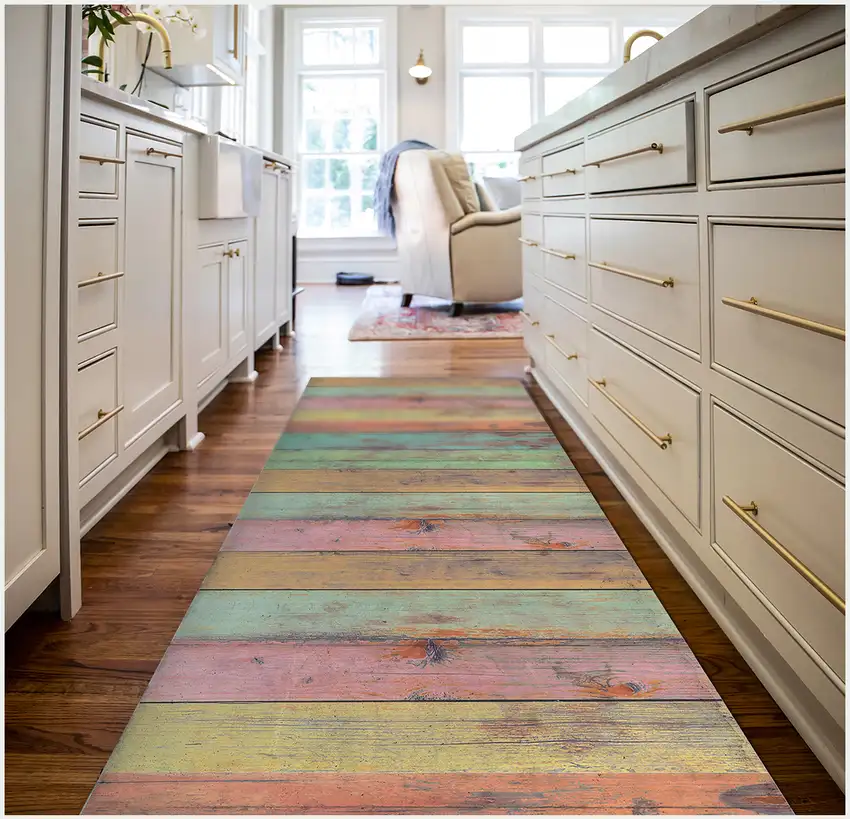 Distressed Aqua Green And Pink Printed Vinyl Area Rug With UV Protection Photo 6
