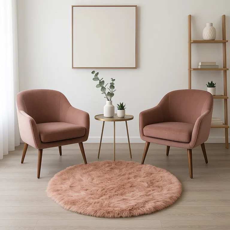 Dusty Rose Round Faux Fur Washable Non Skid Area Rug Photo 4