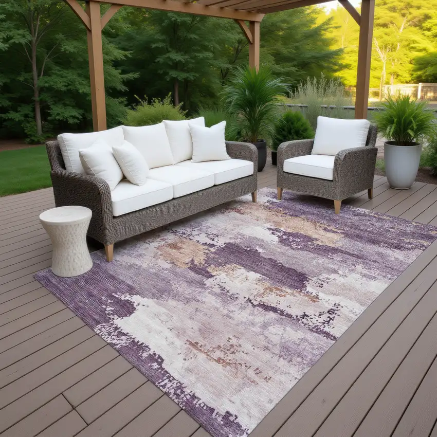 Eggplant And Beige Abstract Washable Indoor Outdoor Area Rug Photo 6