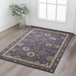 Photo of Eggplant And Beige Oriental Washable Area Rug With UV Protection