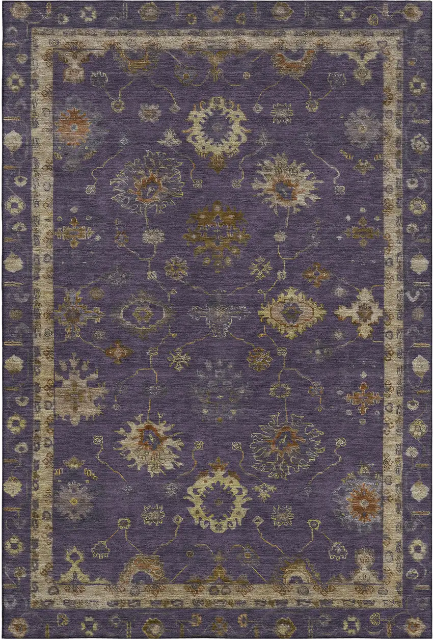 Eggplant And Beige Oriental Washable Area Rug With UV Protection Photo 1