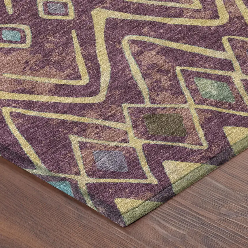 Eggplant And Blue Geometric Washable Indoor Outdoor Area Rug Photo 5
