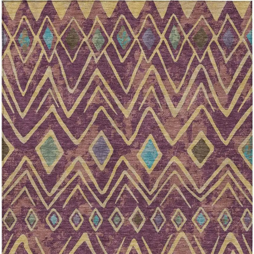 Eggplant And Blue Geometric Washable Indoor Outdoor Area Rug Photo 4
