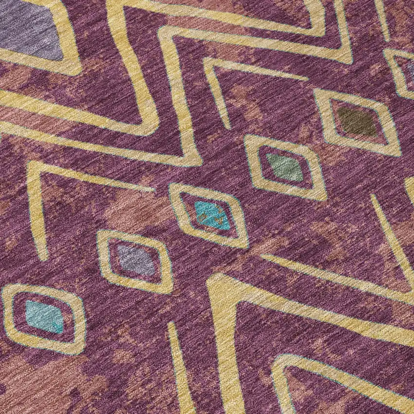 Eggplant And Blue Geometric Washable Indoor Outdoor Area Rug Photo 6