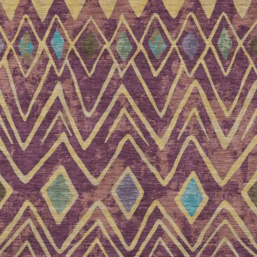 Eggplant And Blue Geometric Washable Indoor Outdoor Area Rug Photo 3