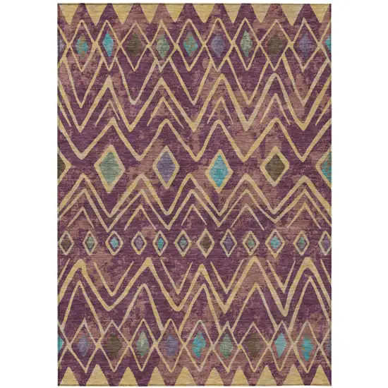 Eggplant And Blue Geometric Washable Indoor Outdoor Area Rug Photo 2