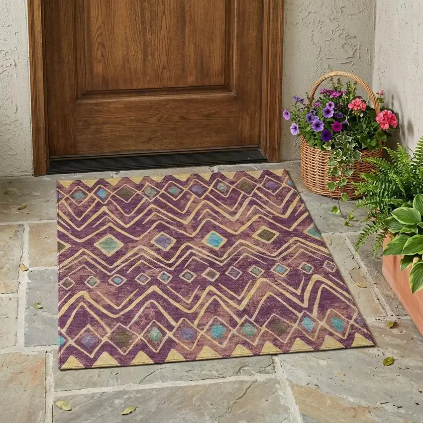 Eggplant And Blue Geometric Washable Indoor Outdoor Area Rug Photo 1