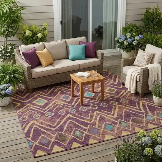 Eggplant And Blue Geometric Washable Indoor Outdoor Area Rug Photo 1