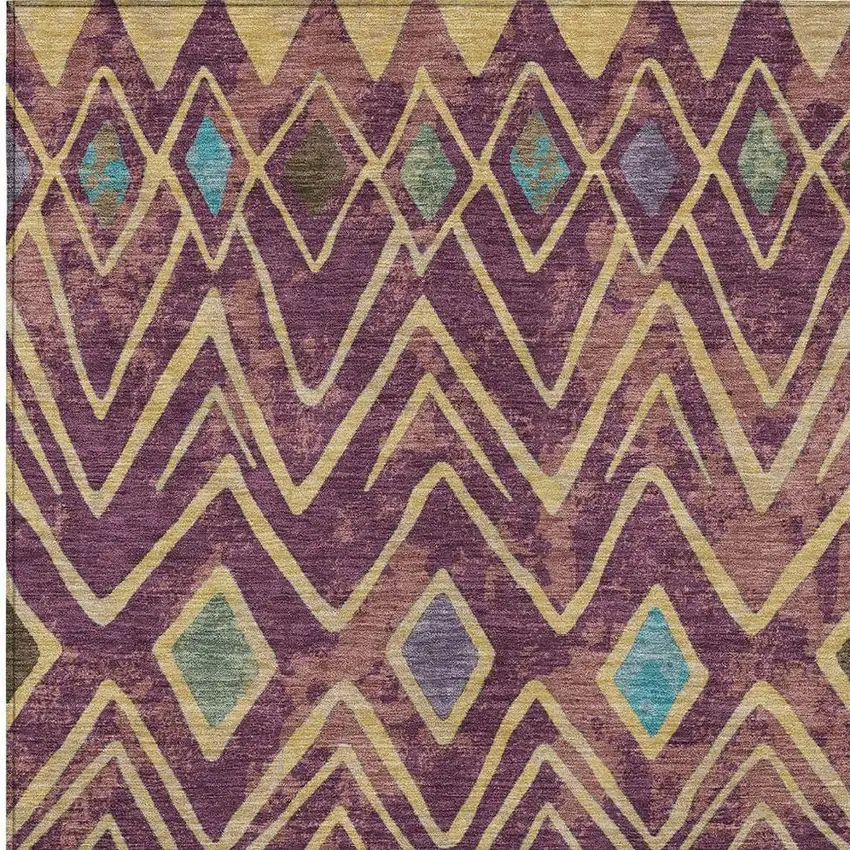 Eggplant And Blue Geometric Washable Indoor Outdoor Area Rug Photo 3