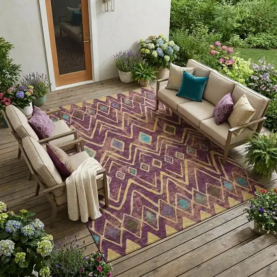 Eggplant And Blue Geometric Washable Indoor Outdoor Area Rug Photo 1