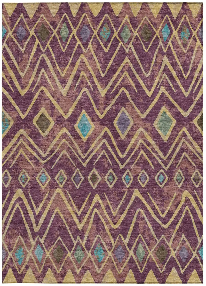Eggplant And Blue Geometric Washable Indoor Outdoor Area Rug Photo 4