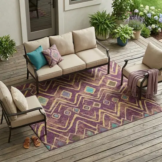 Eggplant And Blue Geometric Washable Indoor Outdoor Area Rug Photo 1