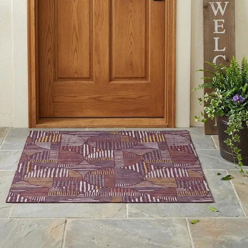Eggplant And Brown Geometric Washable Indoor Outdoor Area Rug Photo 1
