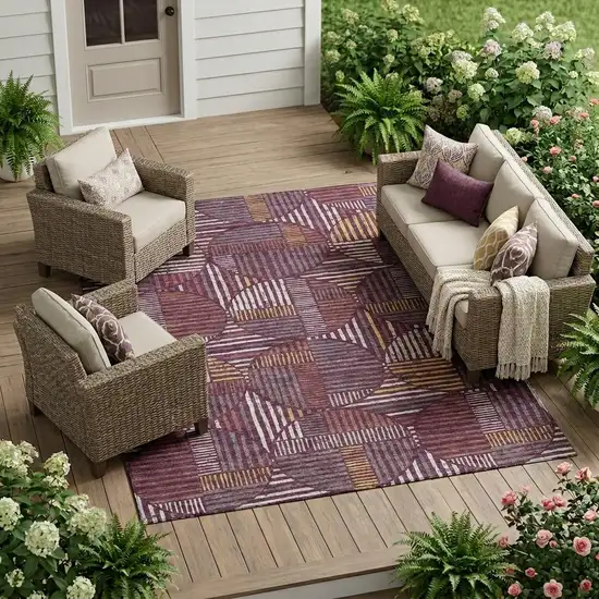 Eggplant And Brown Geometric Washable Indoor Outdoor Area Rug Photo 1