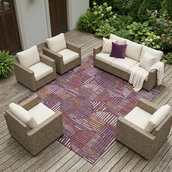 Eggplant And Brown Geometric Washable Indoor Outdoor Area Rug Photo 1