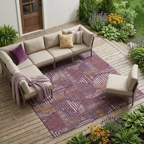 Eggplant And Brown Geometric Washable Indoor Outdoor Area Rug Photo 1
