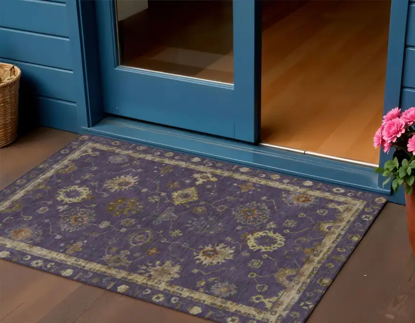 Eggplant And Gold Floral Washable Indoor Outdoor Area Rug Photo 2