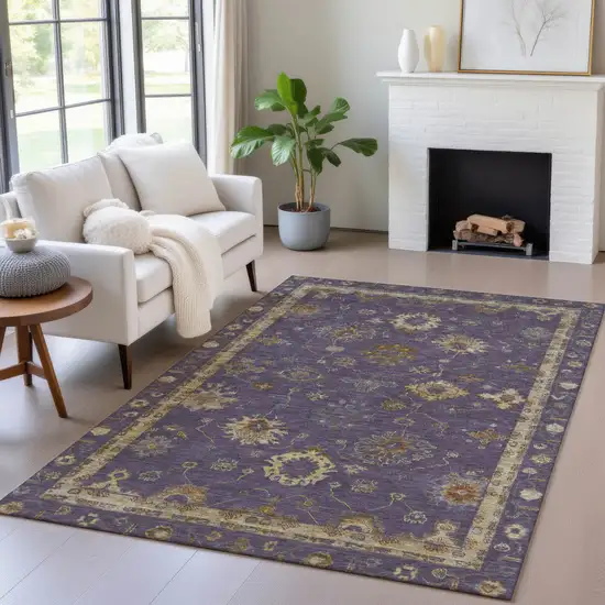Eggplant And Gold Floral Washable Indoor Outdoor Area Rug Photo 6