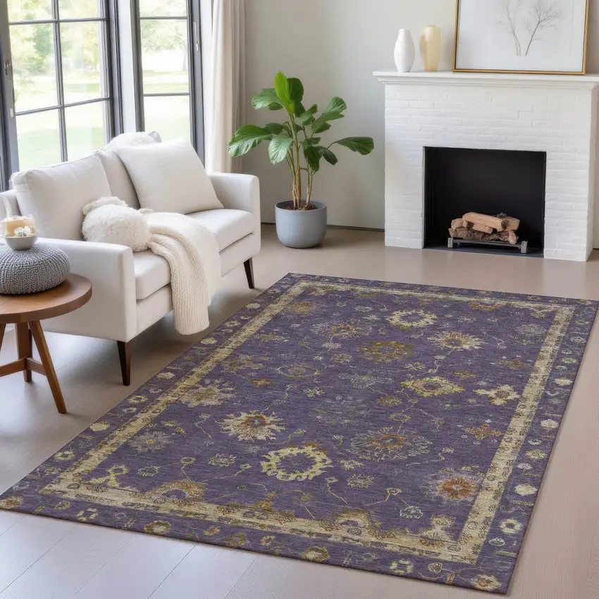 Eggplant And Gold Floral Washable Indoor Outdoor Area Rug Photo 6