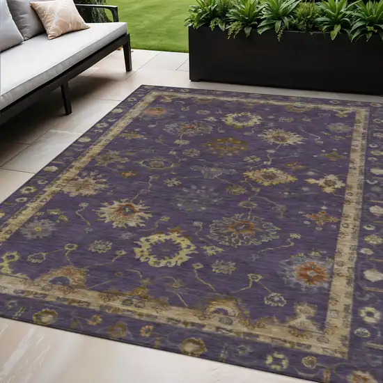 Eggplant And Gold Floral Washable Indoor Outdoor Area Rug Photo 2