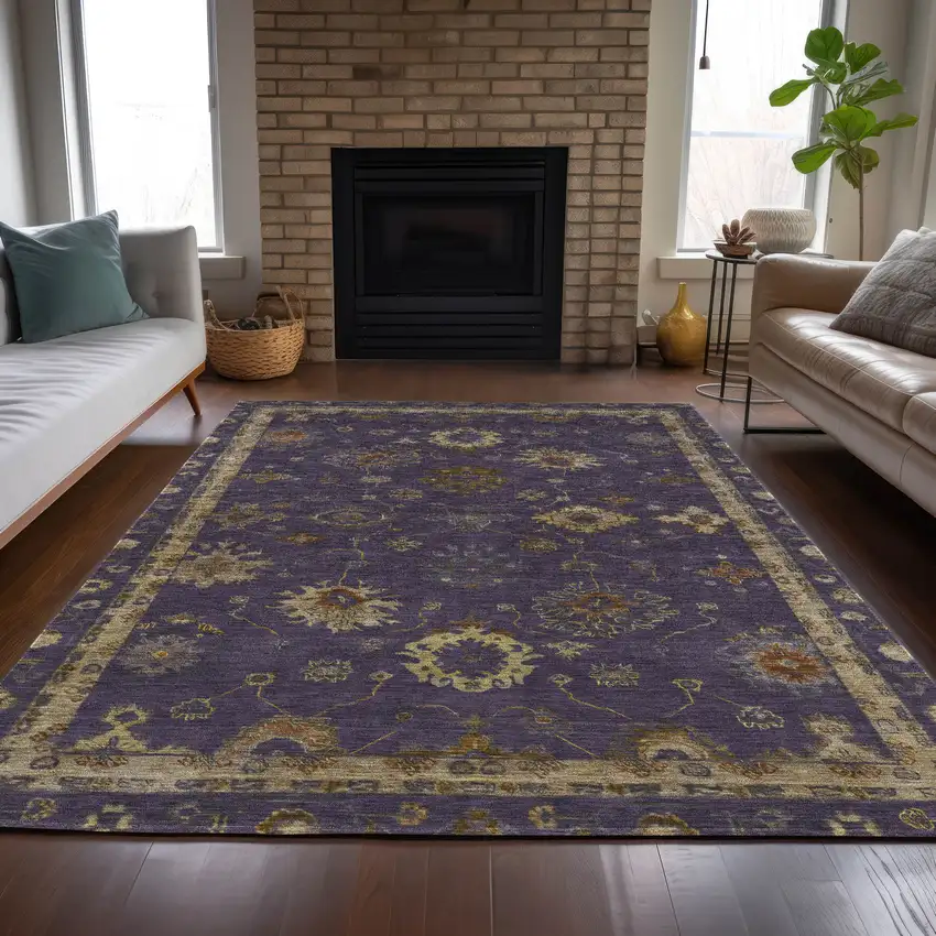 Eggplant And Gold Floral Washable Indoor Outdoor Area Rug Photo 7