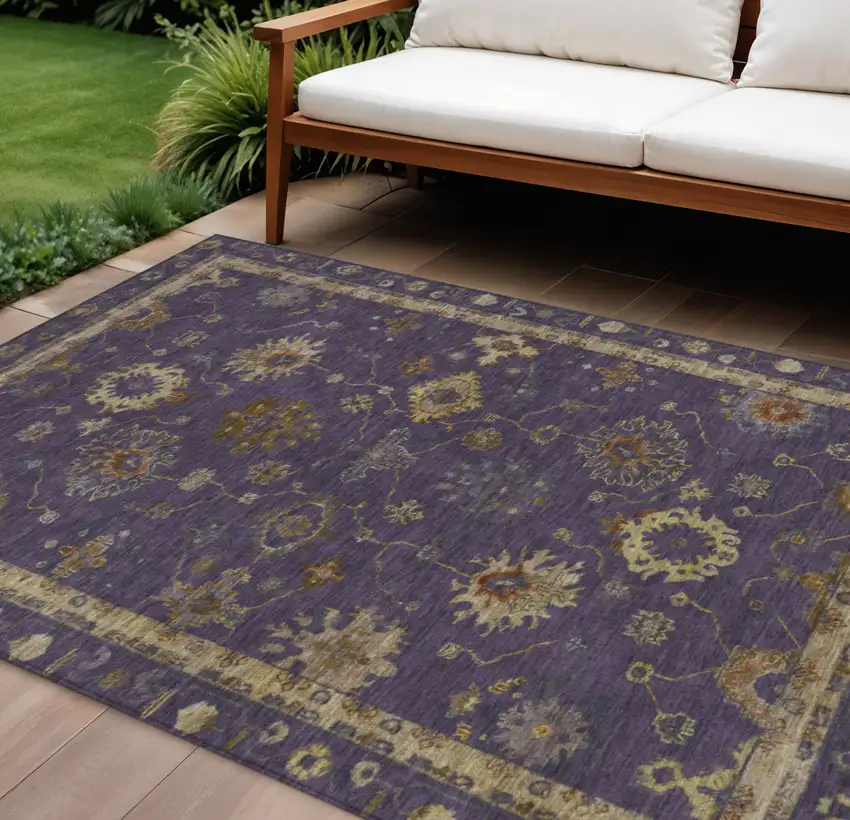 Eggplant And Gold Floral Washable Indoor Outdoor Area Rug Photo 2