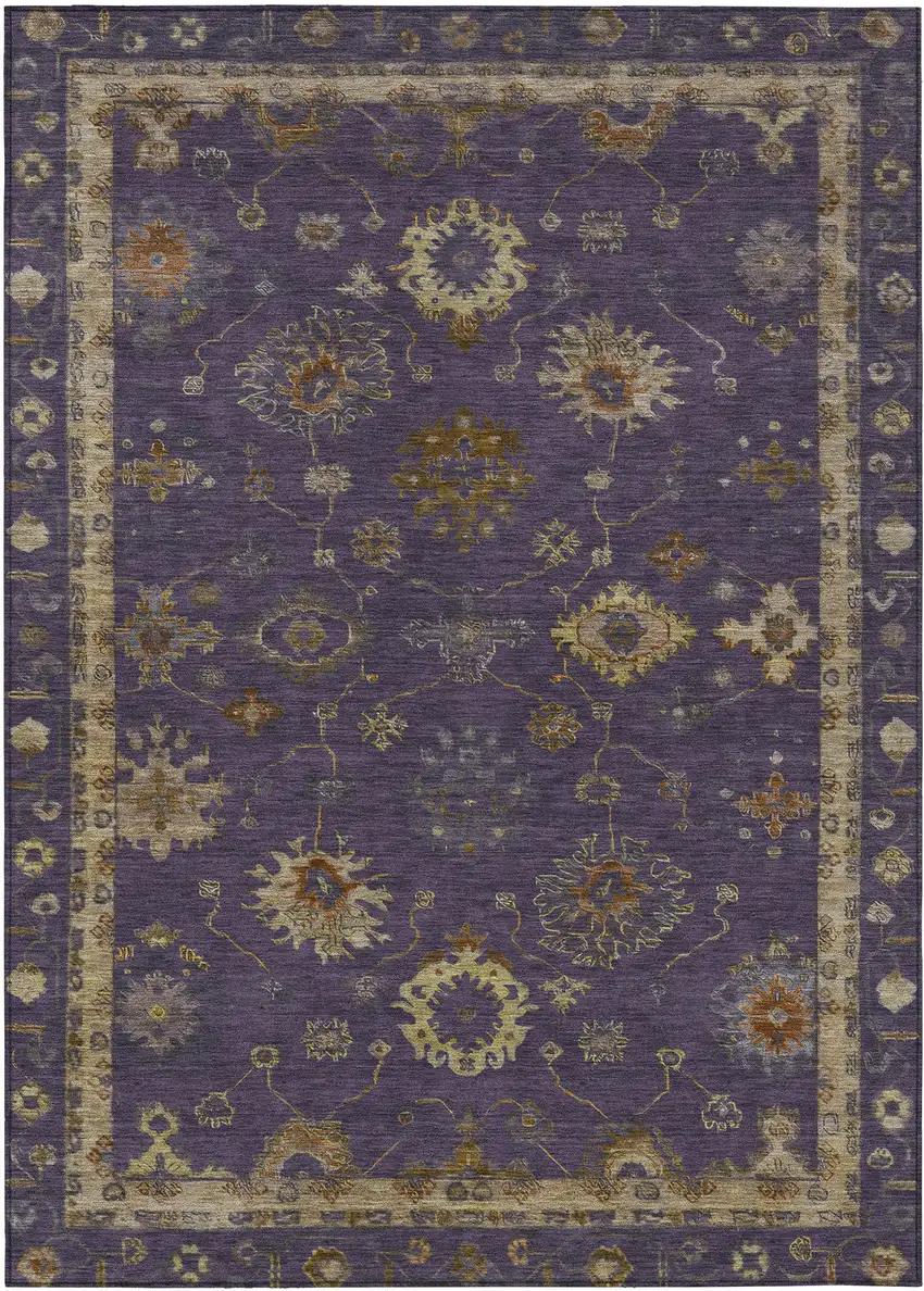 Eggplant And Gold Floral Washable Indoor Outdoor Area Rug Photo 1