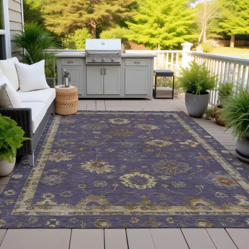 Eggplant And Gold Floral Washable Indoor Outdoor Area Rug Photo 5