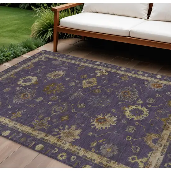 Eggplant And Gold Floral Washable Indoor Outdoor Area Rug Photo 2