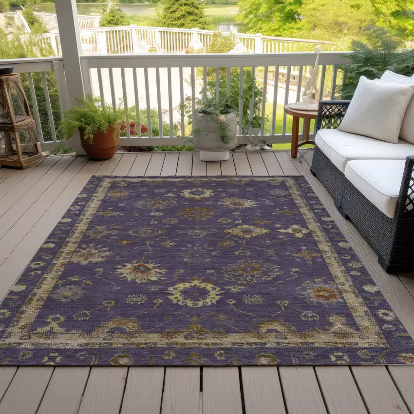 Eggplant And Gold Floral Washable Indoor Outdoor Area Rug Photo 8