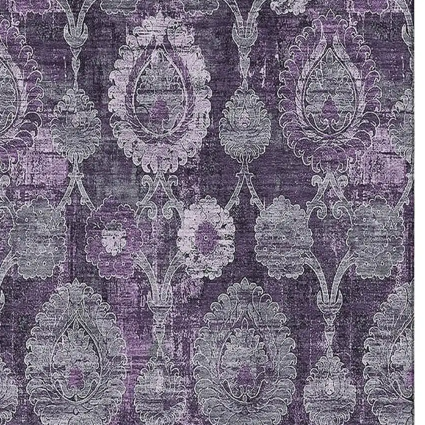 Eggplant And Gray Damask Washable Area Rug With UV Protection Photo 4