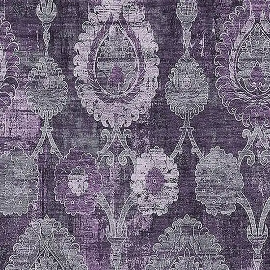 Eggplant And Gray Damask Washable Area Rug With UV Protection Photo 3