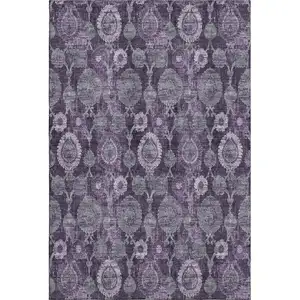 Photo of Eggplant And Gray Damask Washable Area Rug With UV Protection