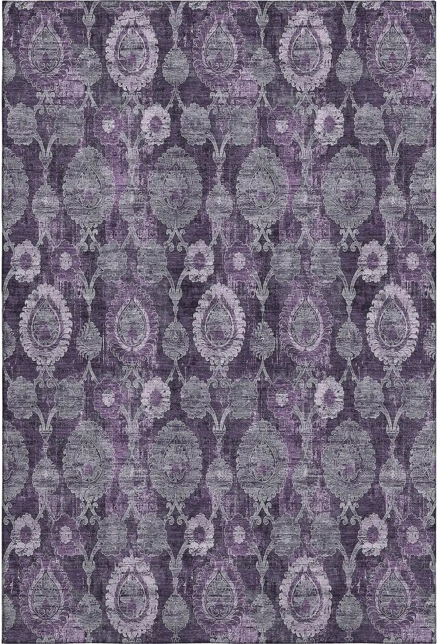 Eggplant And Gray Damask Washable Area Rug With UV Protection Photo 1