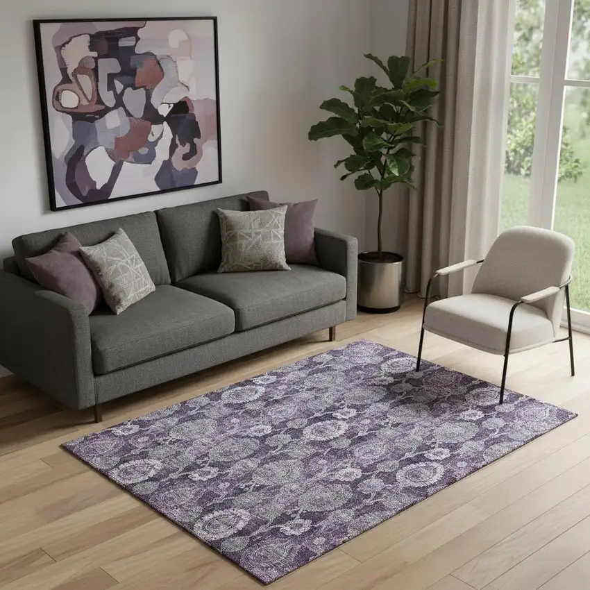 Eggplant And Gray Damask Washable Area Rug With UV Protection Photo 1
