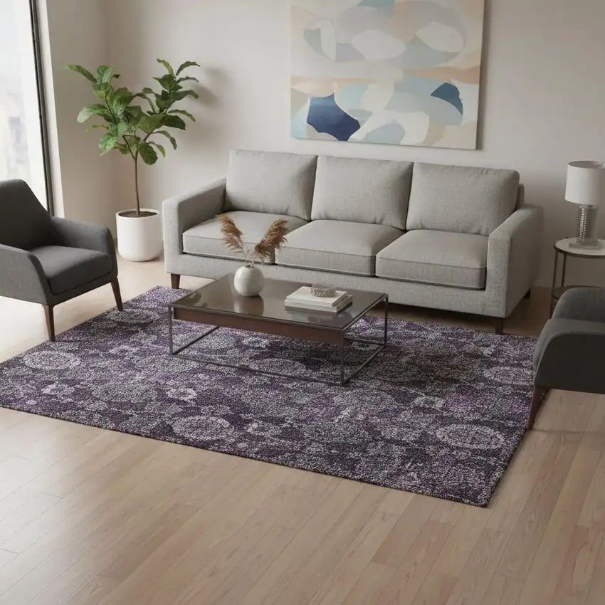 Eggplant And Gray Damask Washable Area Rug With UV Protection Photo 2