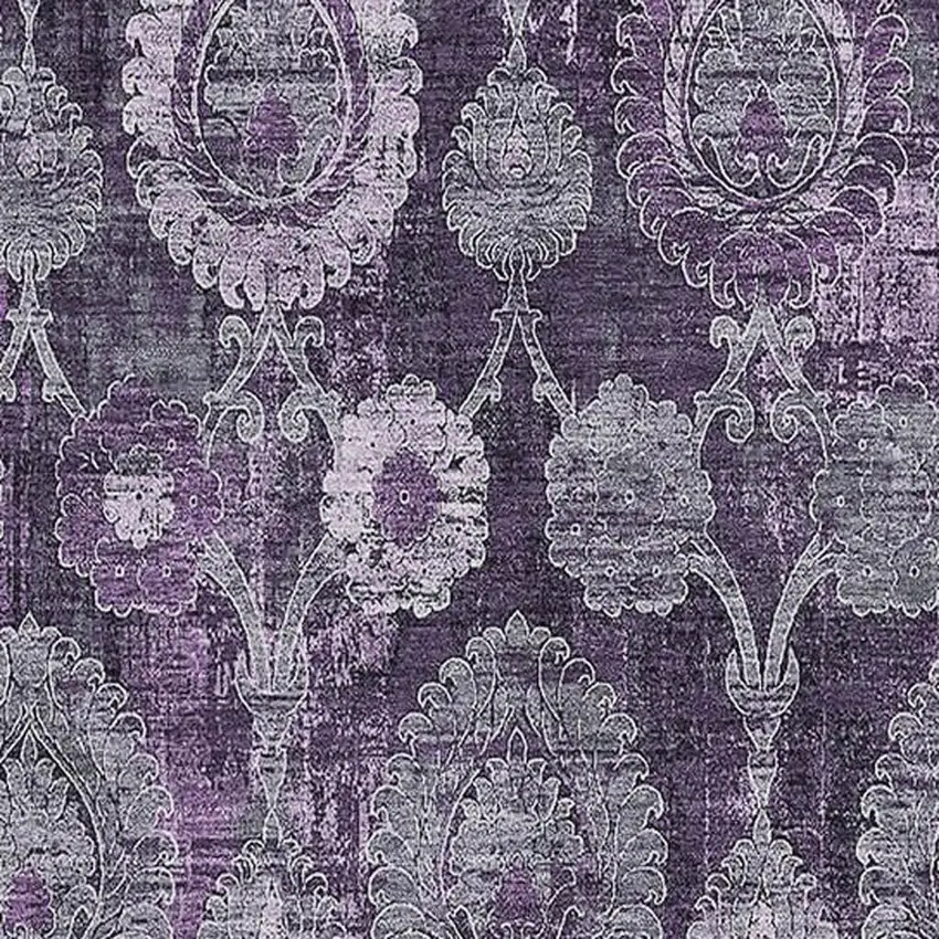Eggplant And Gray Damask Washable Area Rug With UV Protection Photo 3