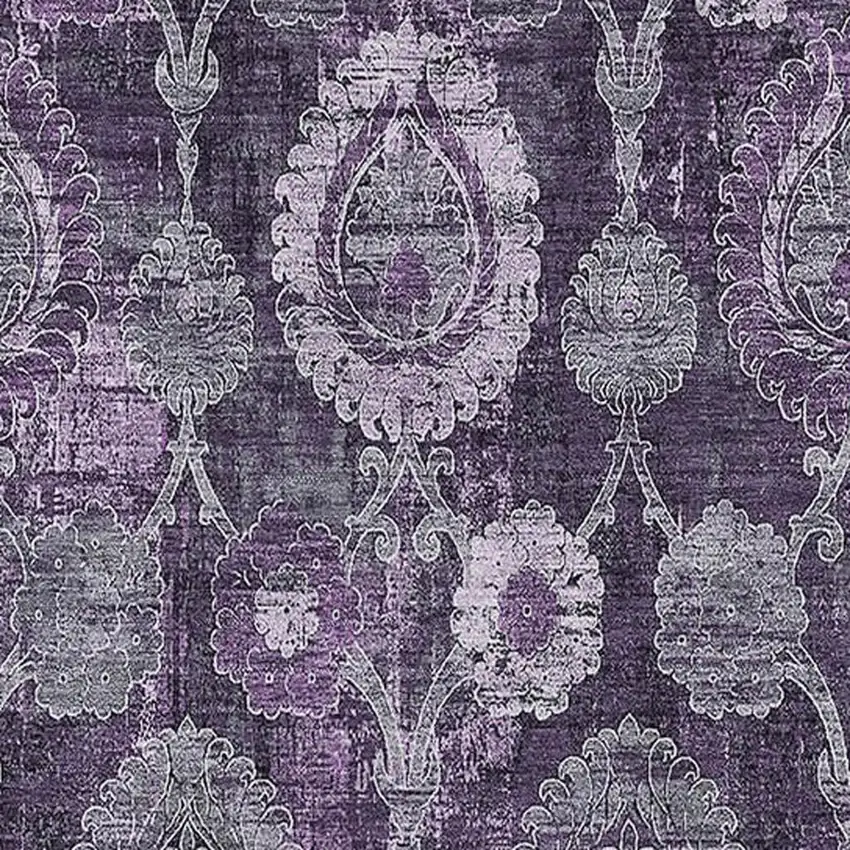 Eggplant And Gray Damask Washable Area Rug With UV Protection Photo 3