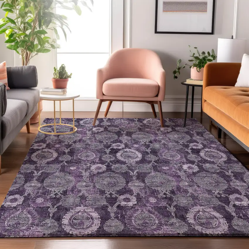 Eggplant And Gray Damask Washable Area Rug With UV Protection Photo 5