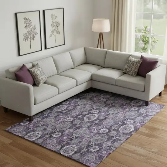 Eggplant And Gray Damask Washable Area Rug With UV Protection Photo 1