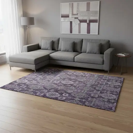 Eggplant And Gray Damask Washable Area Rug With UV Protection Photo 2