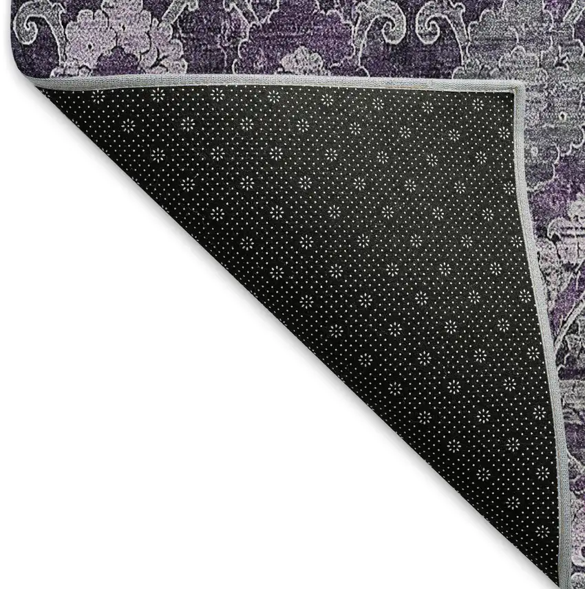 Eggplant And Gray Damask Washable Area Rug With UV Protection Photo 7
