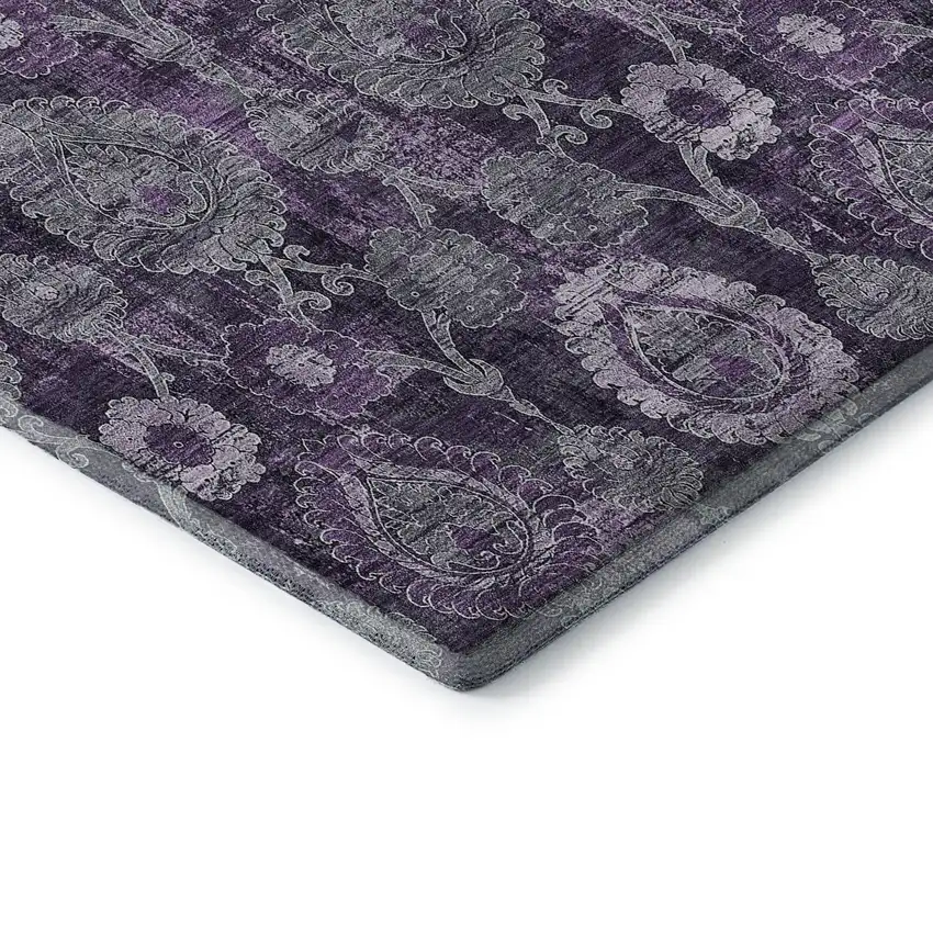 Eggplant And Gray Damask Washable Area Rug With UV Protection Photo 8