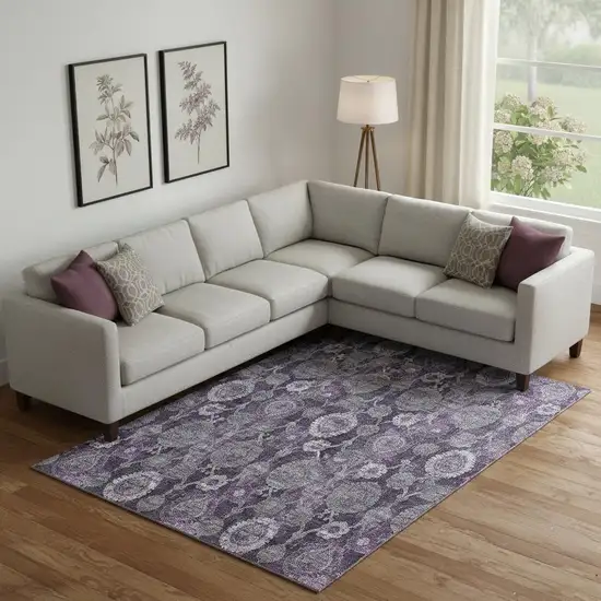 Eggplant And Gray Damask Washable Area Rug With UV Protection Photo 1