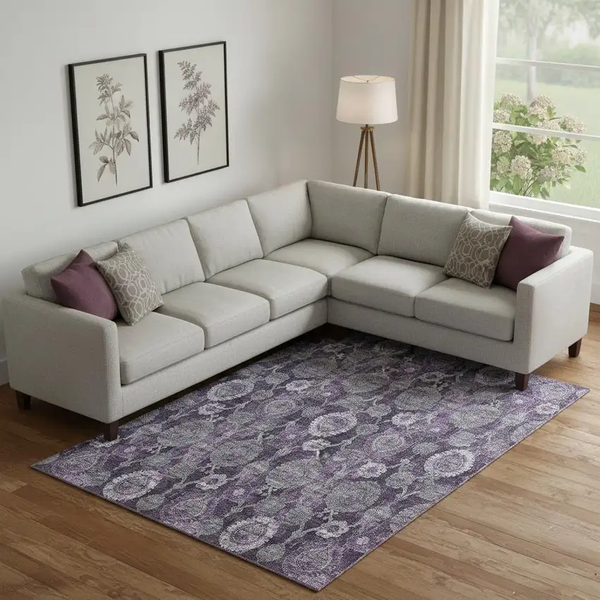 Eggplant And Gray Damask Washable Area Rug With UV Protection Photo 1