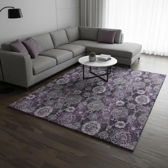 Eggplant And Gray Damask Washable Area Rug With UV Protection Photo 2
