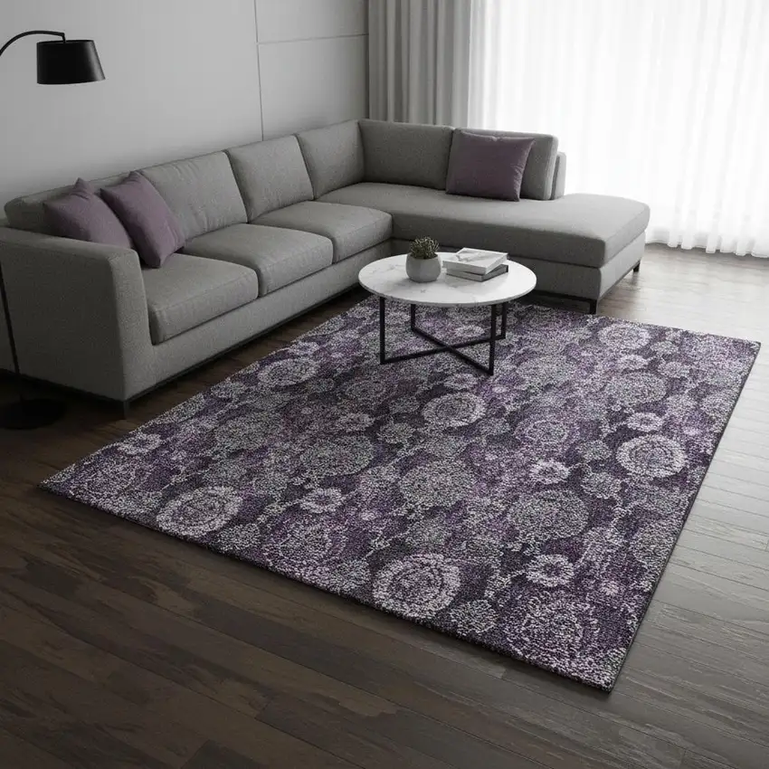 Eggplant And Gray Damask Washable Area Rug With UV Protection Photo 2